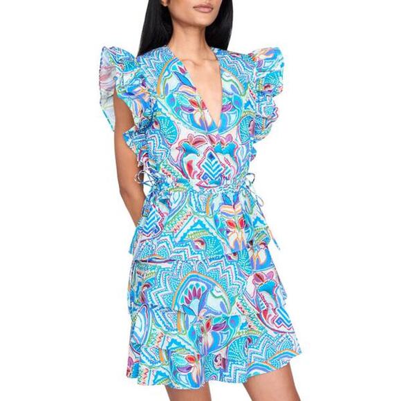 Marie Oliver Genette Ruffle Wrap Mini Dress Blue Multi Print 2G14-138-205A XS 0 - Picture 1 of 5